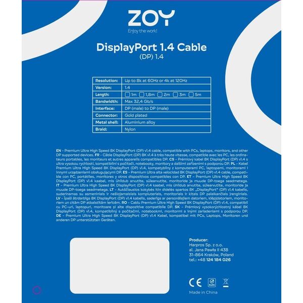 Kabel ZOY DisplayPort 1.4 3m + rzep ZCD3