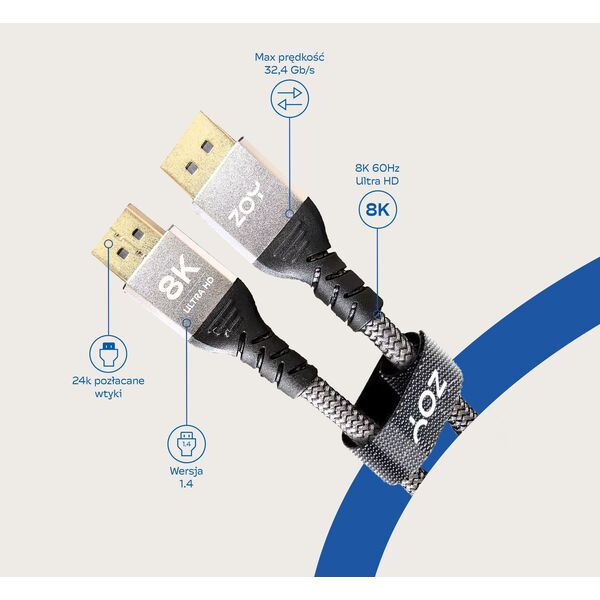 Kabel ZOY DisplayPort 1.4 5m + rzep ZCD5