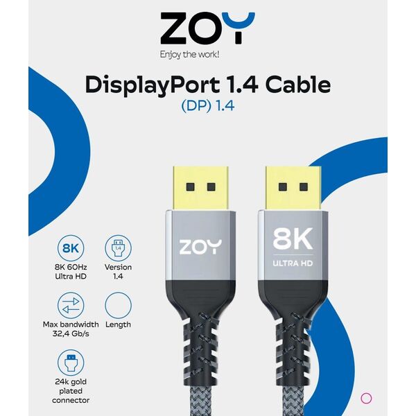 Kabel ZOY DisplayPort 1.4 5m + rzep ZCD5