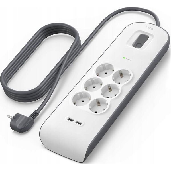 Belkin Πολύπριζο προστασίας από υπερτάσεις 650J, 6 υποδοχές Schuko, 2x USB-A, 2μ