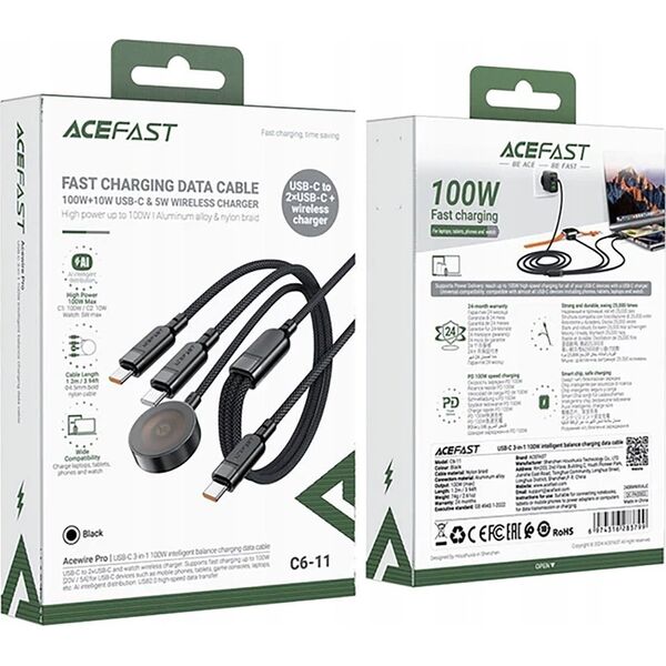 Καλώδιο 3 σε 1 Acefast C6-11 USB-C - 2x USB-C / Qi 480Mb/s 100W 1.2m - μαύρο