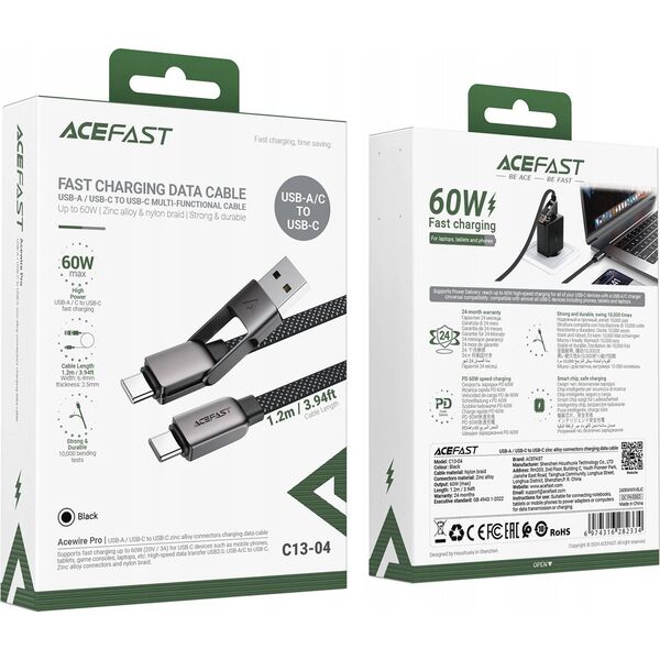Καλώδιο Acefast C13-04 USB-C - USB-A / USB-C 480Mb/s 3A 1.2m - μαύρο