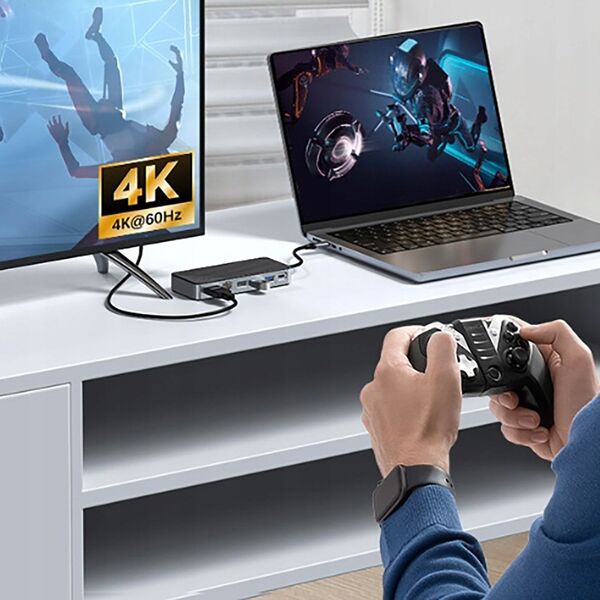 Θήκη δίσκου M.2 με HUB 8 σε 1 είσοδος: USB-C / έξοδος: 1x USB-A 3.2 + 1x 1x USB-C 3.2 + 2x USB-A 2.0 + 1x HDMI + 1x Ethernet - μαύρη
