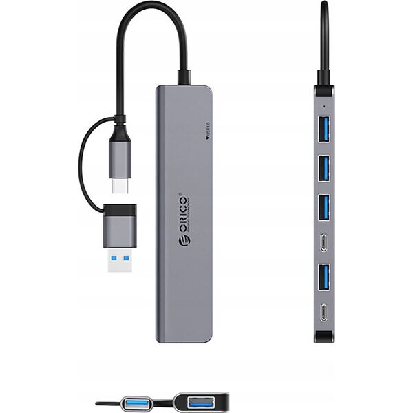 HUB 7 θυρών είσοδος 2 σε 1: USB-A/USB-C / έξοδος: 4x USB-A 2.0 + 1x USB-A 3.0 + 2x USB-C 2.0 καλώδιο 0,17M - γκρι