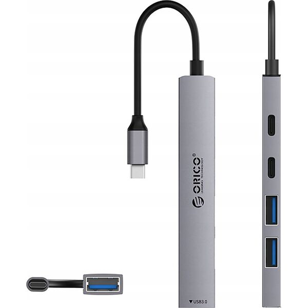 HUB 5-port input 2-in-1: USB-A/USB-C / output: 2x USB-A 2.0 + 1x USB-A 3.0 + 1x USB-C 2.0 + 1x USB-C PD65W καλώδιο 0,17M - γκρι