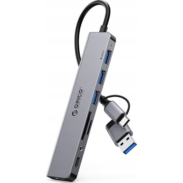 HUB είσοδος 2 σε 1: USB-A/USB-C / έξοδος: 3x USB-A 2.0 + 1x USB-A 3.0 + 1x USB-C 2.0 + 1x 3,5mm Ήχος & Μικρόφωνο + 2x TF&SD καλώδιο 0,17M - γκρι