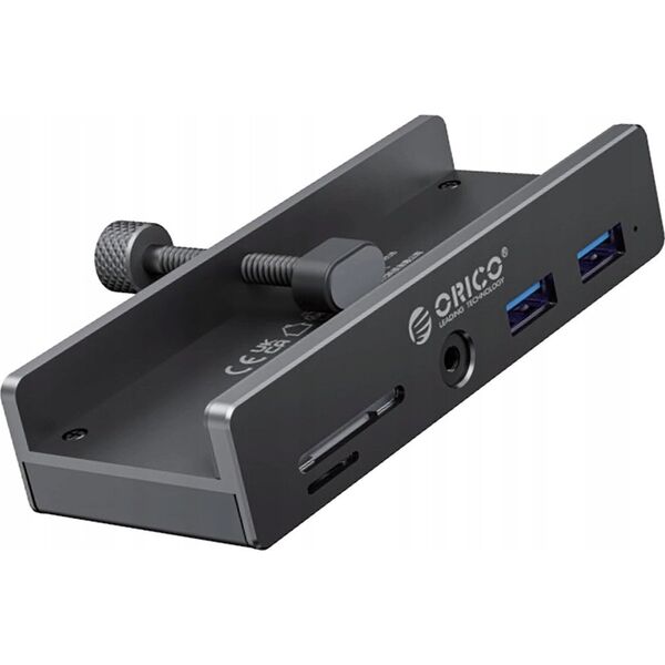 HUB τοποθετημένο με σφιγκτήρα input: USB-C / output: 2x USB-A 3.0, + SD&TF + 3,5mm Audio - ασημί