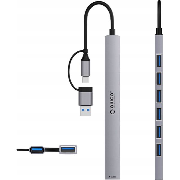 HUB 7 θυρών είσοδος 2 σε 1: USB-A/USB-C / έξοδος: 1x USB-A 3.0 + 6x USB-A 2.0 - γκρι