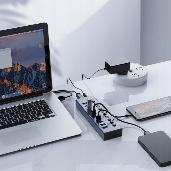 HUB 16-portowy z włącznikiem USB-A 3.0 - szary