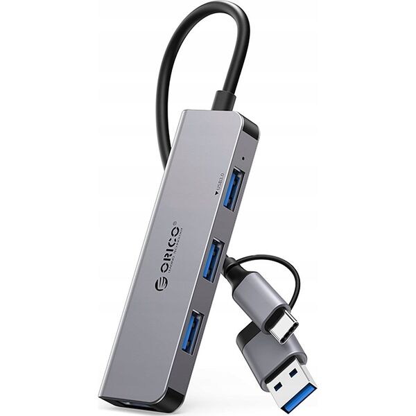 HUB 4-portowy input 2w1: USB-A/USB-C / output: 3x USB-A 2.0 + 1x USB-A 3.0 καλώδιο 0,17M - γκρι