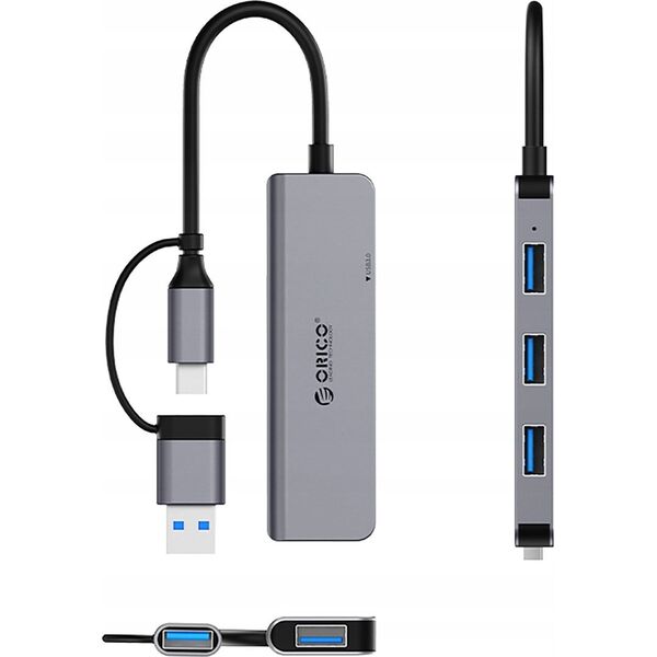HUB 4-portowy input 2w1: USB-A/USB-C / output: 3x USB-A 2.0 + 1x USB-A 3.0 καλώδιο 0,17M - γκρι