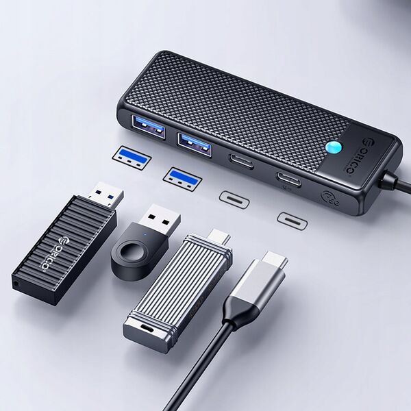 HUB 4-port input: USB-C 3.0 PD100W / output: 2x USB-A 3.0 + USB-C 3.0 καλώδιο 0,15M - μαύρο