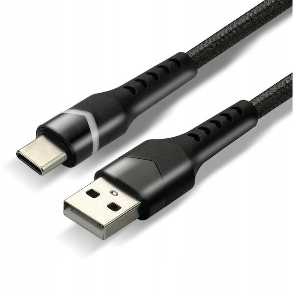 Πλεκτό καλώδιο USB -> USB-C 2m 3A RGB LED μαύρο