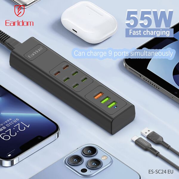 Πολύπριζο Earldom ES-SC24, 6 х USB-C, 3 x USB F, 1m., Μαυρο - 40520 έως 12 άτοκες Δόσεις