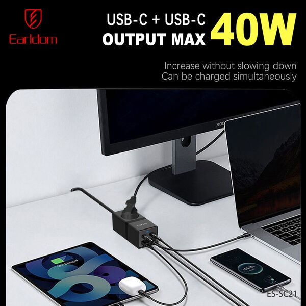 Πολύπριζο Earldom ES-SC21, 1 way, CEE 7/3, 2 х USB F, 2 x USB-C, 1m., Μαυρο - 40521 έως 12 άτοκες Δόσεις