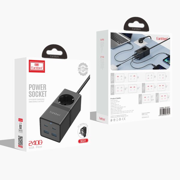 Πολύπριζο Earldom ES-SC21, 1 way, CEE 7/3, 2 х USB F, 2 x USB-C, 1m., Μαυρο - 40521 έως 12 άτοκες Δόσεις
