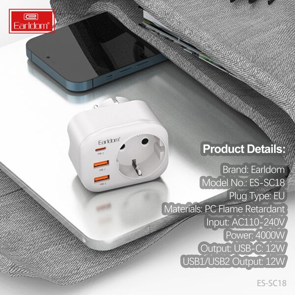 Λευκό Earldom ES-SC18, 2xUSB, 1xType-C, Ασπρο - 40524 έως 12 άτοκες Δόσεις
