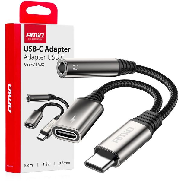 Adpater rozgałęźnik usb-c na usb-c + mini jack 3.5mm 10cm amio-04295