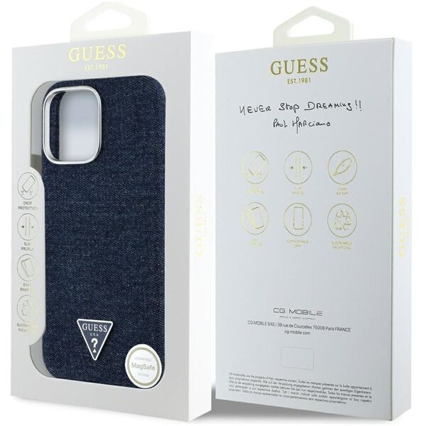 Etui Guess Denim Triangle Logo MagSafe   do iPhone 16 Pro niebieski