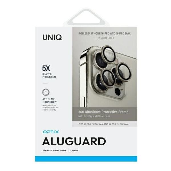UNIQ Optix Aluminium Camera Lens Protector iPhone 16 Pro 6.3" / 16 Pro Max 6.9" titanium grey szkło na obiektyw aparatu z aplikatorem