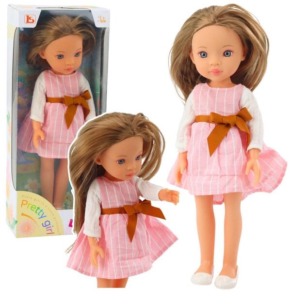 Lalka W Różowej Sukience z Kokardą Długie Brązowe Włosy LEAN Toys