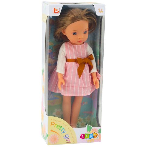 Lalka W Różowej Sukience z Kokardą Długie Brązowe Włosy LEAN Toys