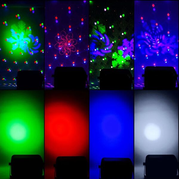 LIGHT4ME PARTY V multiefekt świetlny LED RGBW-UV 6w1 efekt Bee Eye biały stroboskop UV Water Wave par 2x laser R/G