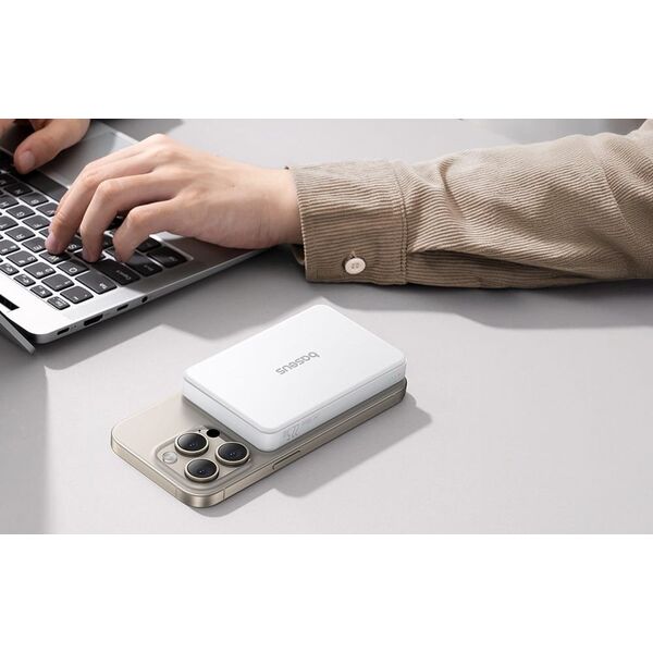 Powerbank Baseus Airpow II 10000mAh Qi2 με MagSafe 22,5W με καλώδιο Baseus Simple Series USB-C - USB-C 20V/3A (30cm) - λευκό
