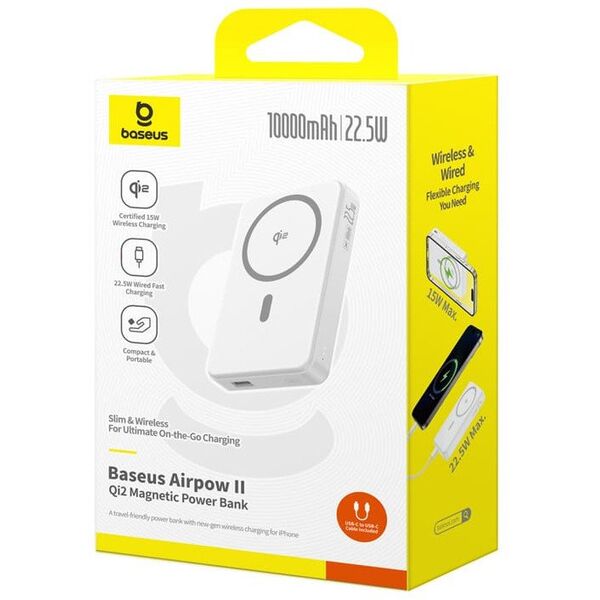 Powerbank Baseus Airpow II 10000mAh Qi2 με MagSafe 22,5W με καλώδιο Baseus Simple Series USB-C - USB-C 20V/3A (30cm) - λευκό