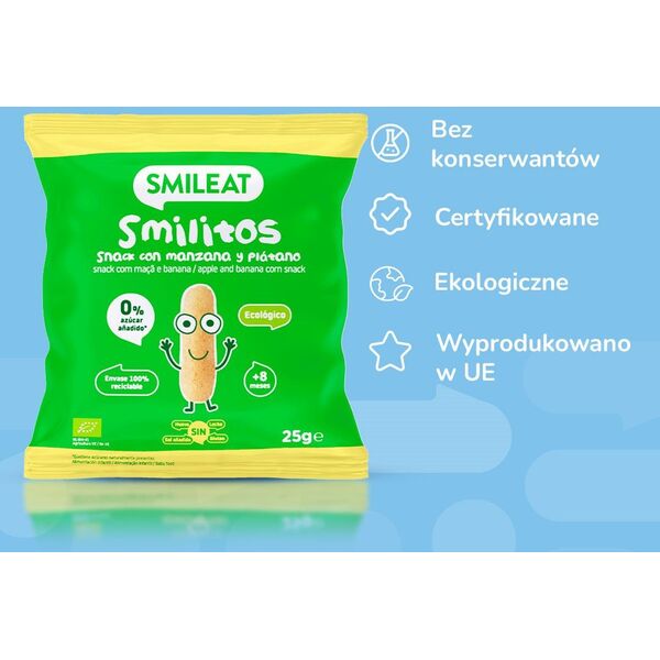 Smileat, BIO Smilitos, Τραγανά καλαμπογκοφρέτες με γεύση μήλου και μπανάνας 8μ+, 25g