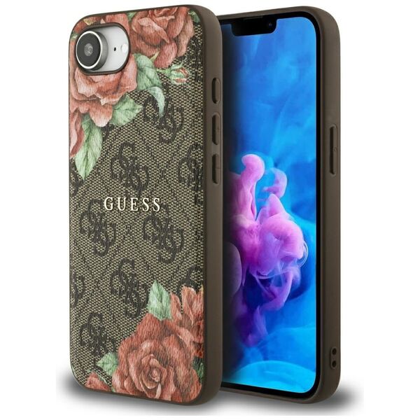 Θήκη Guess 4G Flowers Print MagSafe για iPhone 16e καφέ