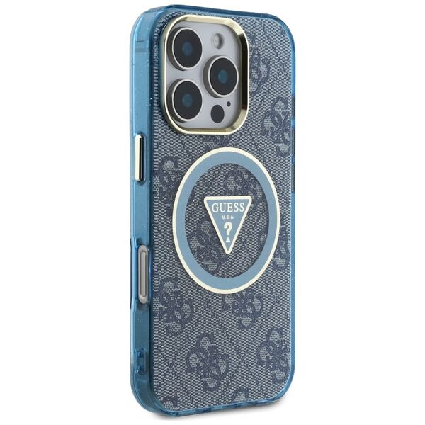 Θήκη Guess IML Metal Glitter 4G Circle Triangle MagSafe για iPhone 16 Pro Max μπλε