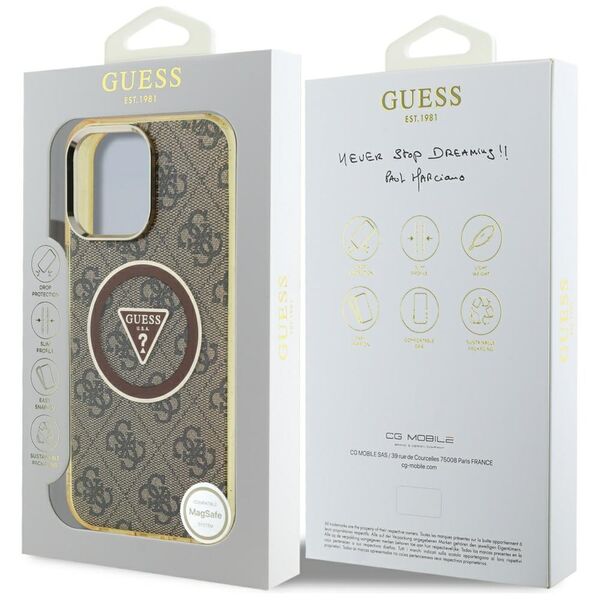 Θήκη Guess IML Metal Glitter 4G Circle Triangle MagSafe για iPhone 16 Pro Max καφέ
