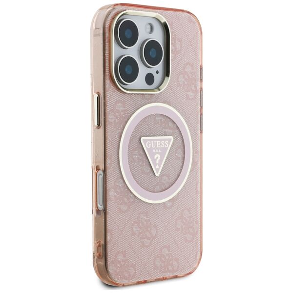 Θήκη Guess IML Metal Glitter 4G Circle Triangle MagSafe για iPhone 16 Pro Max ροζ