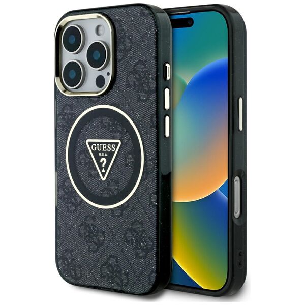 Θήκη Guess IML Metal Glitter 4G Circle Triangle MagSafe για iPhone 16 Pro Max μαύρο