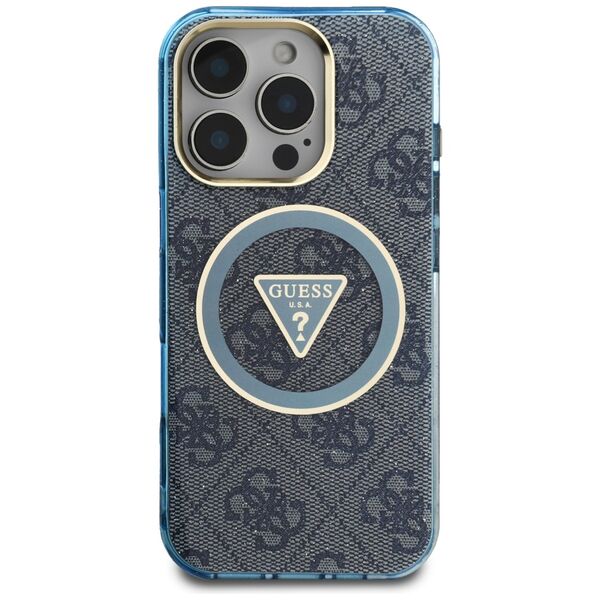 Θήκη Guess IML Metal Glitter 4G Circle Triangle MagSafe για iPhone 16 Pro μπλε
