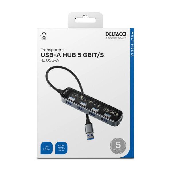 HUB USB Deltaco DELTACO USB-A-Hub m. 4x USB 5 Gbit/s transparent
