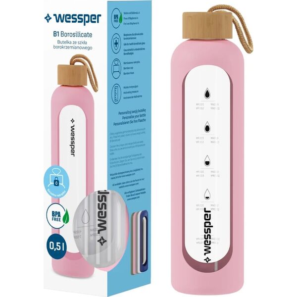 Wessper Wessper B1 Borosilicate 500 ml Szklana butelka na wodę z miarką motywacyjną z różowym etui