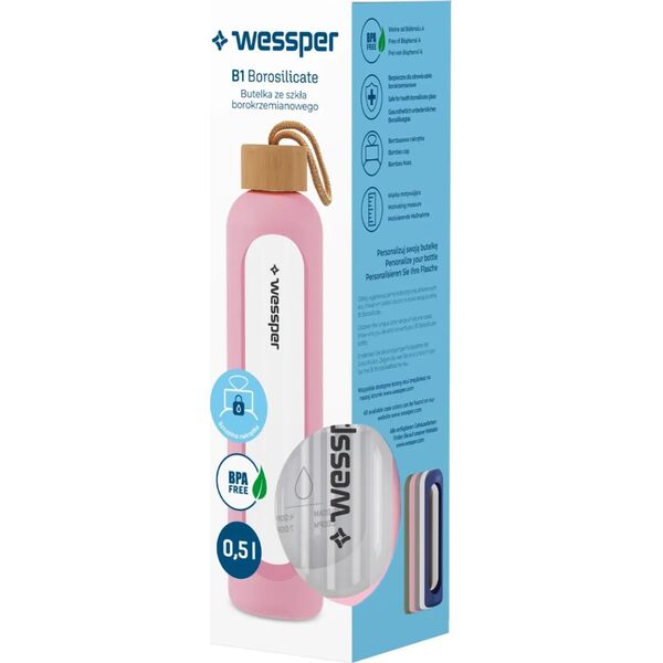 Wessper Wessper B1 Borosilicate 500 ml Szklana butelka na wodę z miarką motywacyjną z różowym etui