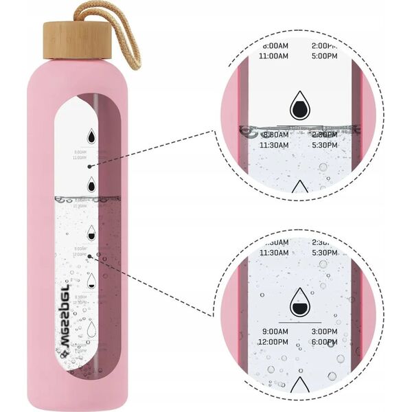 Wessper Wessper B1 Borosilicate 500 ml Szklana butelka na wodę z miarką motywacyjną z różowym etui