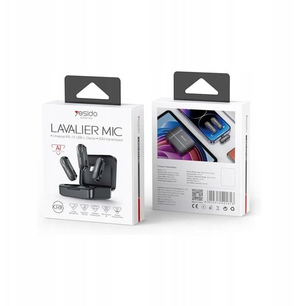 yesido KR16 MEMS Μικρόφωνο 2τμχ. με Κλιπ Lightning, Ασύρματο 2.4GHz, ΜΑΥΡΟ