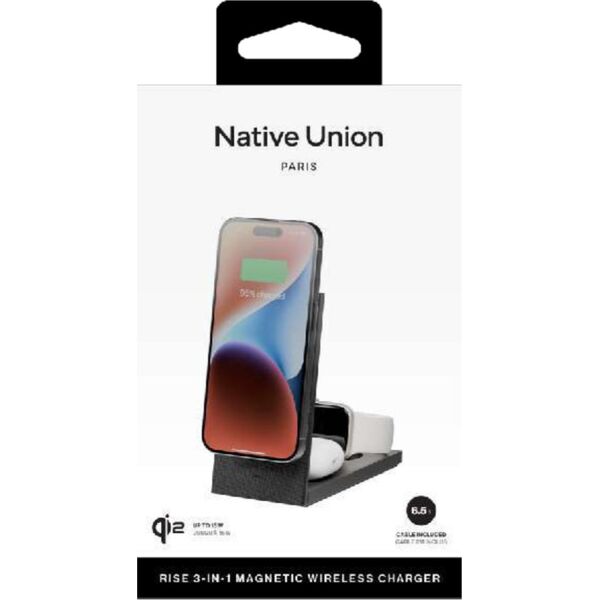 Native Union Rise 3-in-1 INT Qi2 Wireless Charger - ασύρματος φορτιστής Qi2 15W για τρεις συσκευές συμβατός με MagSafe, περιλαμβάνει αντάπτορα και βύσματα ΕΕ και ΗΒ (μαύρο)