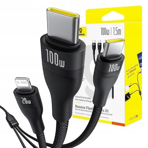 Καλώδιο 3 σε 1 BASEUS Flash Series 3 100W USB-C - USB-C+USB-C+Lightning 1,5m + 3 x 0,25 m - μαύρο