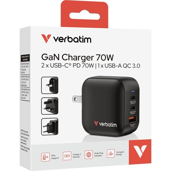 Verbatim, Φορτιστής GaN USB 3.0, USB C, γκρι, 70W, εναλλάξιμες άκρες C,G,A