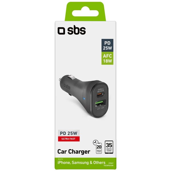 Φορτιστής αυτοκινήτου SBS TECRPD25W 25W USB-A USB-C με Power Delivery - μαύρη