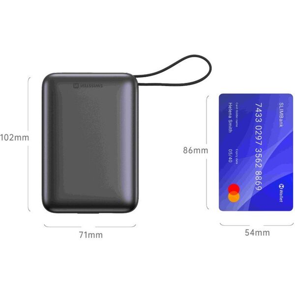 Swissten Power Bank 20000 mAh με ενσωματωμένα καλώδια USB-C και Lightning