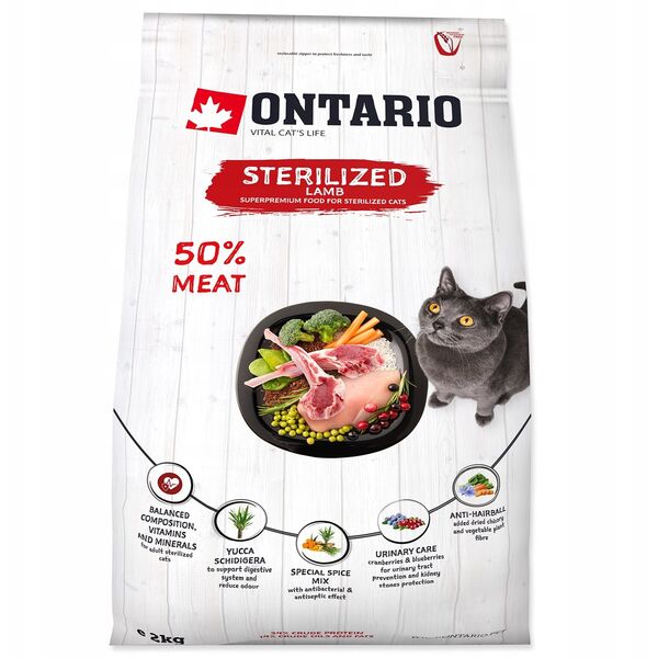 ONTARIO Γάτα Στειρωμένη αρνί 2kg (Για στειρωμένες με αρνί)