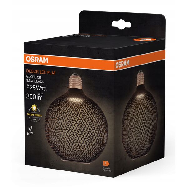 Διακοσμητικός λαμπτήρας LED OSRAM FLAT, E27 G125BK, 3.5 W, 2700K, 300 lm, NON-DIM, μαύρο χρώμα.