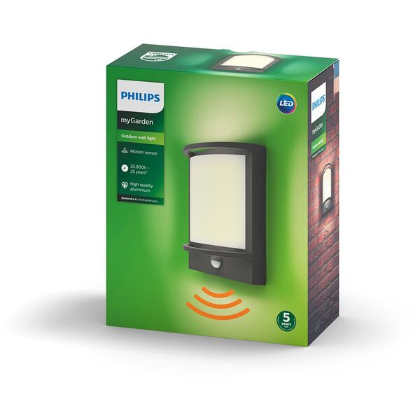Φωτιστικό τοίχου LED εξωτερικού χώρου PHILIPS SAMONDRA, IP44, 2700 K, 12 W, 1200 lm, με αισθητήρα κίνησης