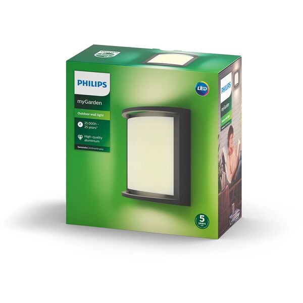 Φωτιστικό τοίχου LED εξωτερικού χώρου PHILIPS SAMONDRA, IP44, 2700 K, 12 W, 1200 lm, ανθρακί.
